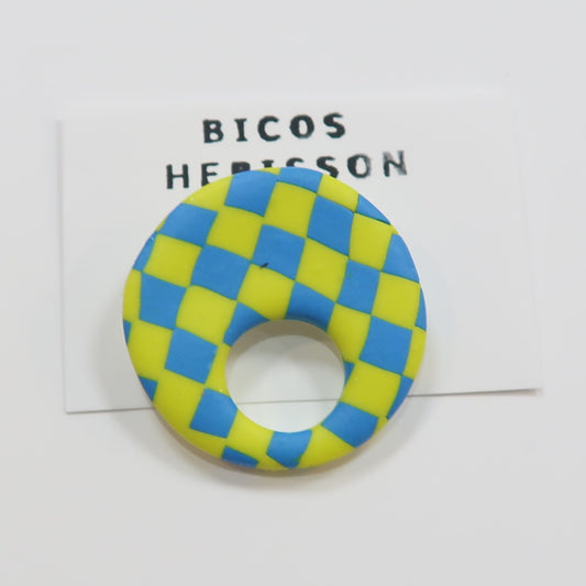 Broche cuelga gafas cuadros amarillo y azul